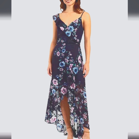 🆕 BCX Plus 2X 18 20 Dress Navy Blue Purple Floral Hi Low Ruffle Wrap NEW NWT - Picture 1 of 5